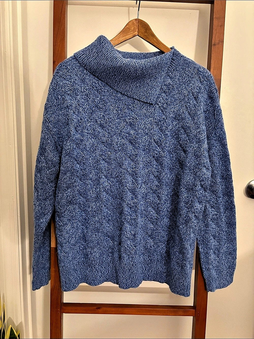 Talbots Women's Petite Cable Knit Split Collar Sweater Blue Marled Size LP
